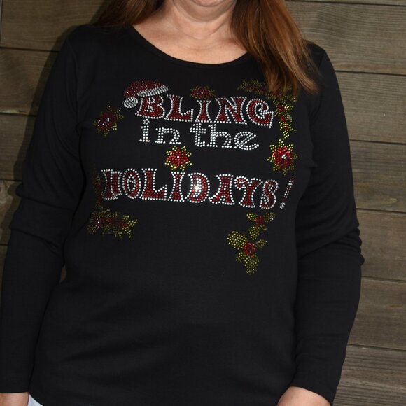 Christmas Bling In Holidays rhinestone long sleeved shirt XS S M L XL XXL 1X2X… - Picture 9 of 9